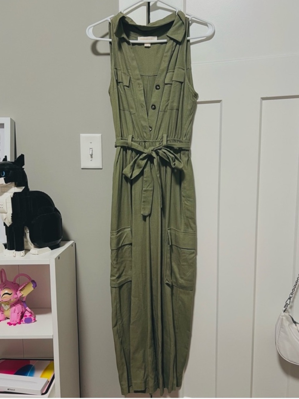 Monteau Olive Green Sleeveless Utility Maxi Romper with Tie Waist